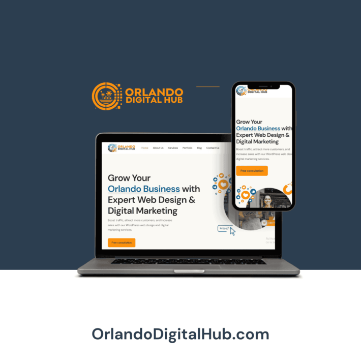 Orlando Digital Hub's responsive web design and digital marketing services displayed on laptop and smartphone screens.